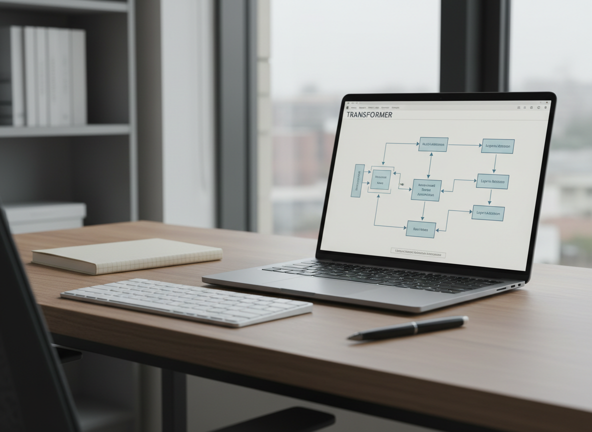 A clean, minimalist wooden desk supporting an open, high-resolution laptop screen filled with a dense transformer architecture diagram: multi-head attention blocks, residual connections, and layer norms rendered in crisp vector lines and muted blues. Around the laptop sit a slim mechanical keyboard, a closed notebook with a subtle grid pattern, and a single uncapped pen. The scene is set beside a large window in a modern office, with soft overcast daylight creating even, shadowless illumination and faint reflections on the laptop’s matte screen. Shot at eye level with a slight three-quarter angle, the background gently blurs into neutral gray shelving with a few indistinct technical books. The photographic realism and precise composition evoke a focused, analytical, and professional atmosphere suitable for deep technical reading.