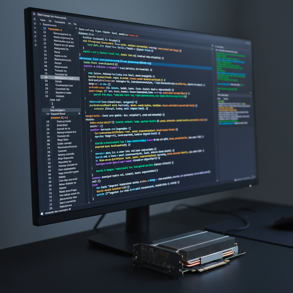 A dark-themed code editor displayed on a widescreen monitor showing a tightly packed PyTorch training loop, with highlighted tensor operations, backpropagation steps, and logging statements in syntax-colored text. The monitor stands on a matte black desk alongside a single GPU card lying flat, its metal heatsink and circuitry sharply detailed. A terminal window with GPU utilization metrics glows faintly beside the code. The environment is a dim, uncluttered workspace with only the monitor as the main light source, casting cool reflections across the desk and hardware. Photographed from a slightly elevated angle with a shallow depth of field, the composition centers the code while softly blurring the surrounding environment, creating a focused, quietly intense mood that emphasizes serious, low-level ML engineering work.