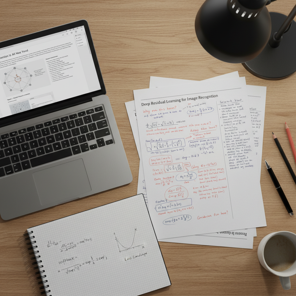 A close-up, overhead photograph of a dense research workspace: a printed ML paper annotated with fine red and blue handwritten notes, equations underlined, and margins filled with comments. Beside the paper lies a slim laptop showing a PDF viewer with another technical paper open, its abstract and figure captions clearly visible. A graph paper notebook is partially visible with neatly written derivations and a small hand-drawn loss landscape plot. The desk surface is a light oak wood, illuminated by soft, directional light from a modern desk lamp just out of frame, creating gentle shadows and emphasizing paper texture and ink strokes. The composition uses a top-down perspective with everything in sharp focus, evoking a quiet, studious, and rigorous atmosphere characteristic of careful, citation-driven ML deep dives.