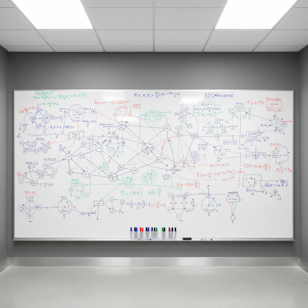 A whiteboard wall covered edge to edge with meticulously drawn probabilistic graphical models, Bayesian networks, and equations in different colors of fine-tip marker. Nodes and arrows interconnect across the surface, with clearly written variable names, conditional independence markings, and factorization notes. At the base of the whiteboard, a narrow metal ledge holds neatly aligned markers and an eraser. The room is a modern conference space with neutral gray walls and a polished concrete floor, lit by bright, even overhead LED panels that produce crisp, shadow-free illumination. Captured straight-on with sharp focus from edge to edge, the photographic image has a clean, clinical, and highly analytical atmosphere, conveying deep theoretical reasoning and structured thinking about machine learning models.